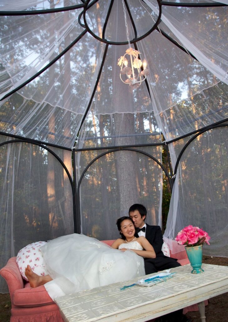 Wedding photo of couple in canopy on a couch