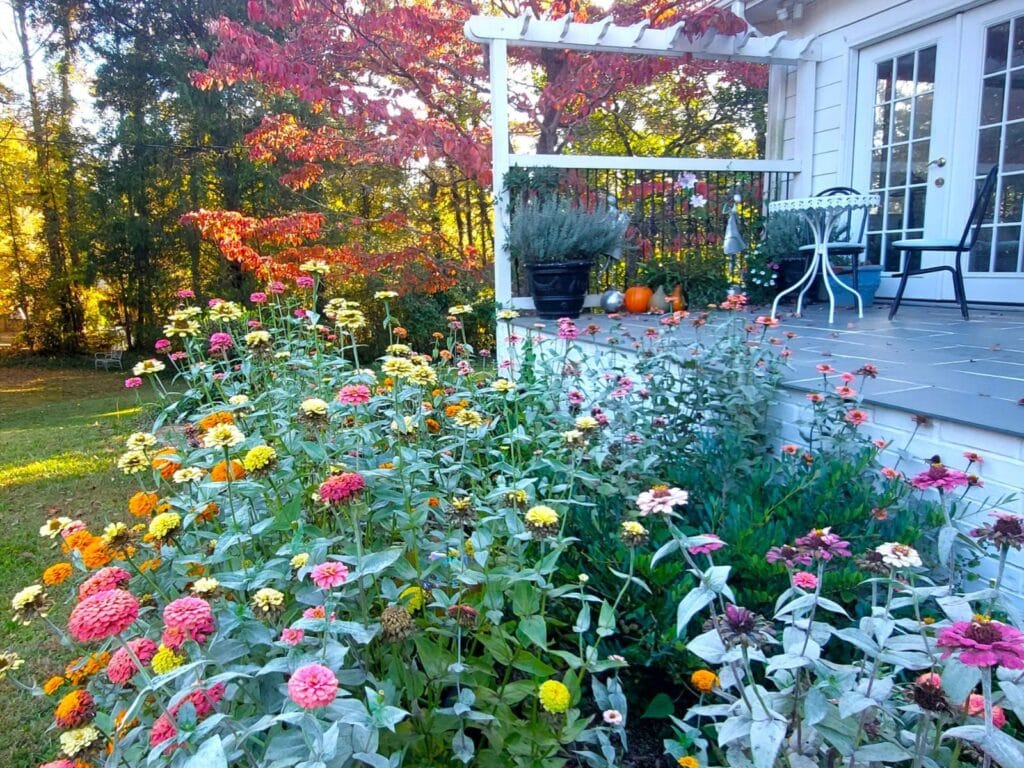 Flowers outside of house at garden wedding venue